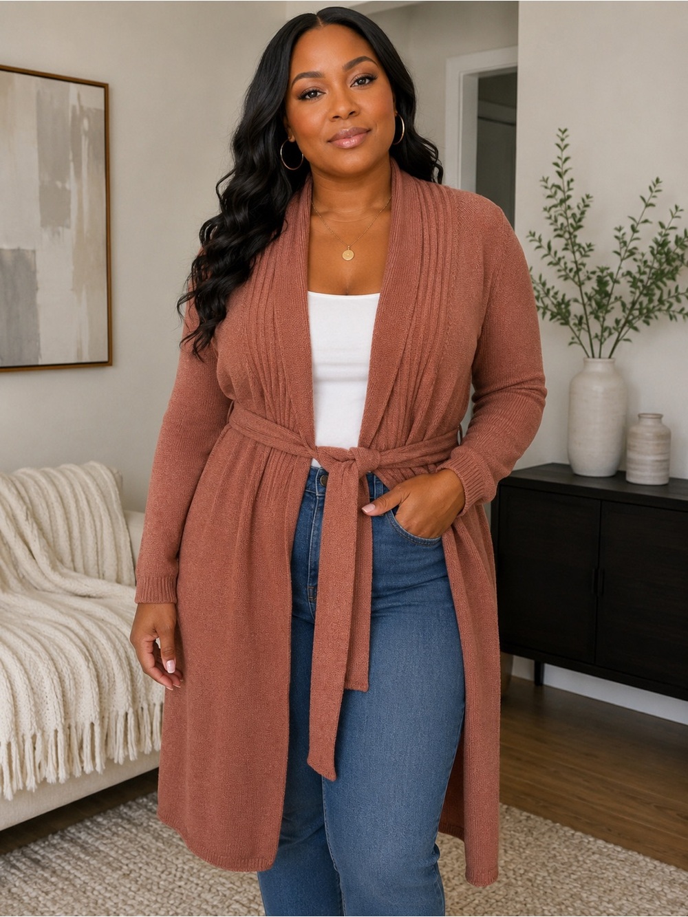 Wolford Dusty Rose Long Open Front Cardigan